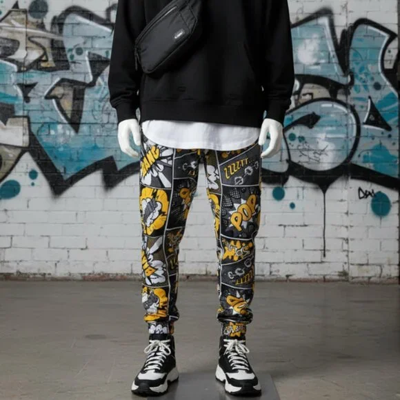 Drill Clothing Oh Snap Comic Print Jogger Pants Yellow Black Pockets Sz S & XL - Picture 4 of 4